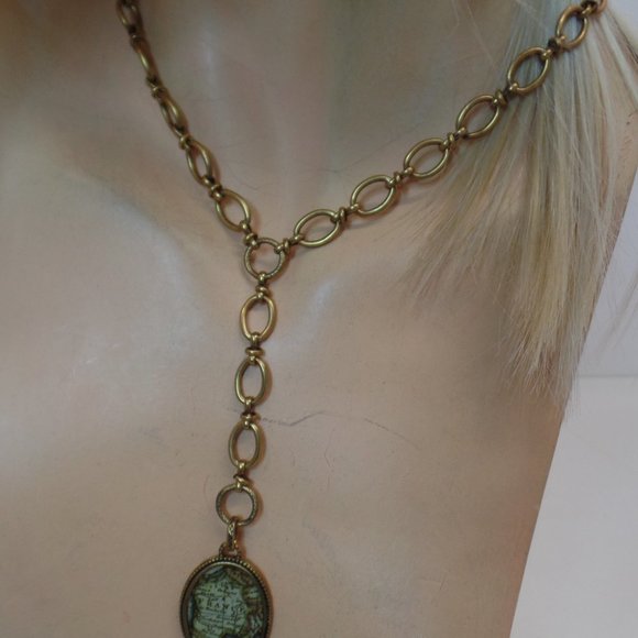 Patricia Nash Goldtone Map Print of France Oval Link Y Necklace Charm Adj 19" L - Picture 2 of 9
